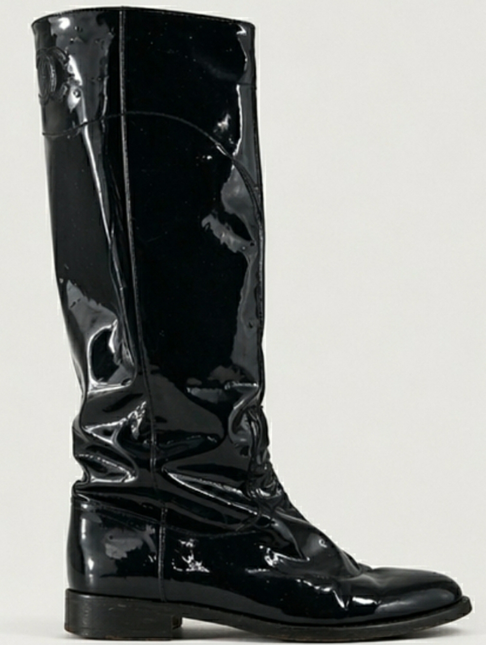 Chanel Patent Leather Knee-High Boots with Embossed Logo - Picture 2 of 14